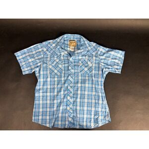 Wrangler Western Snap Shirt Mens XL Blue White Plaid Cotton Stretch Short Sleeve
